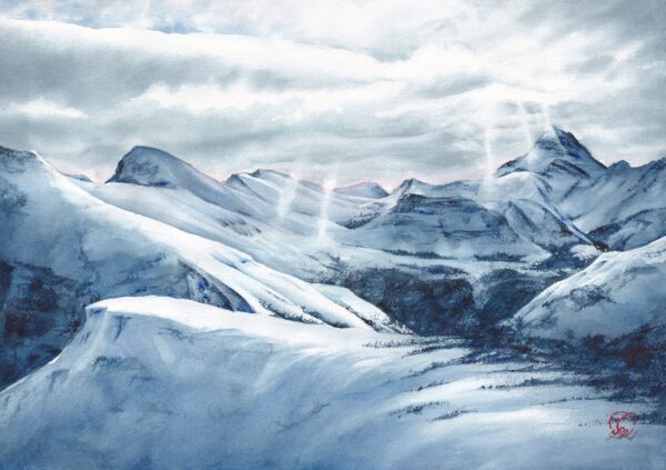 Mount Assiniboine, watercolour painting, watercolor painting, Calgary art collector, Rocky Mountain art, skiing art, Alberta art, Calgarian Artist.